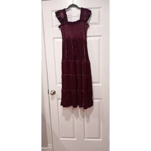 HILL HOUSE The Akilah Nap Dress M. Burgundy Velvet Off the Shoulder Ruffle Smock